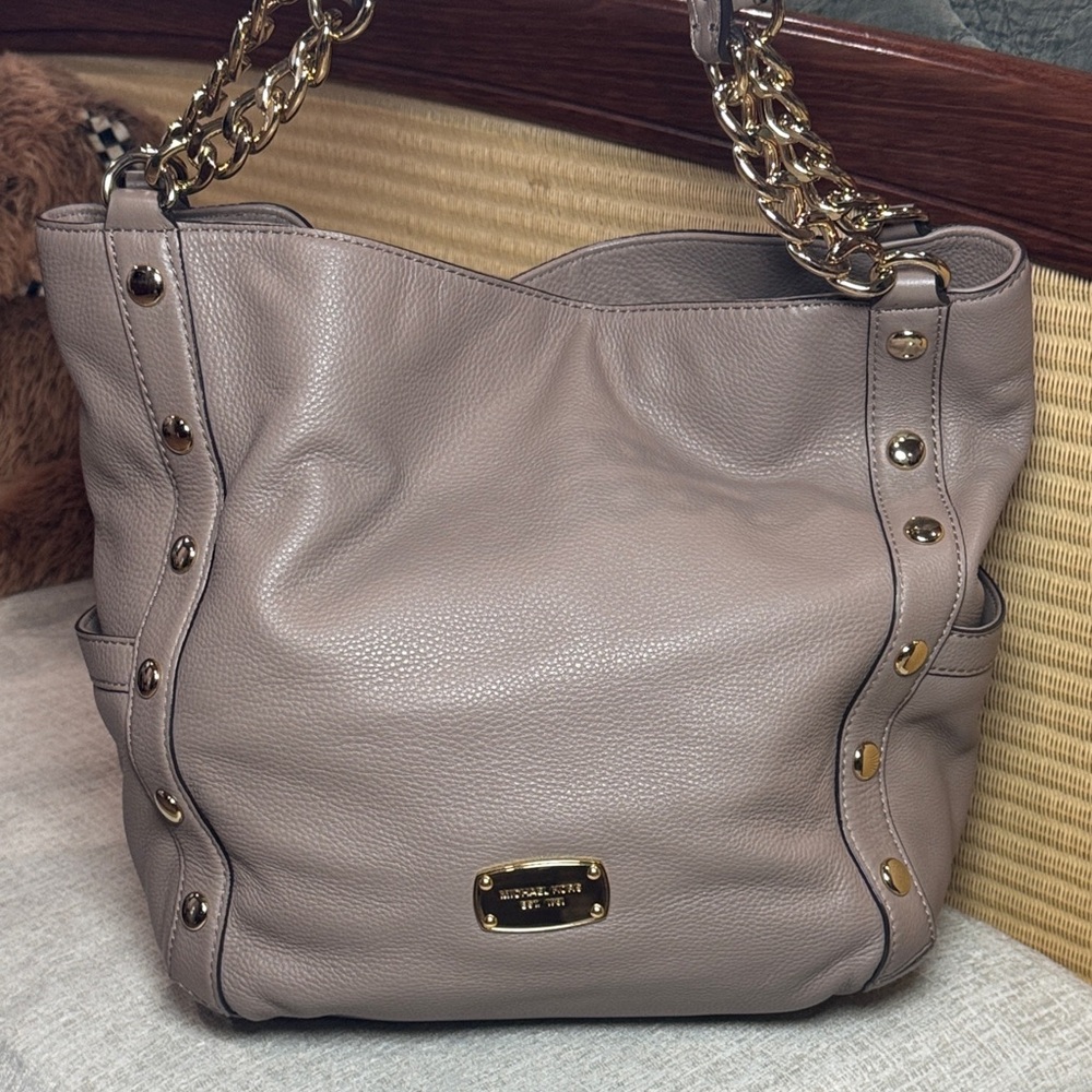 Michael Kors Delancey Taupe Leather & Chain Shoulder Bag with Gold Stud Accents